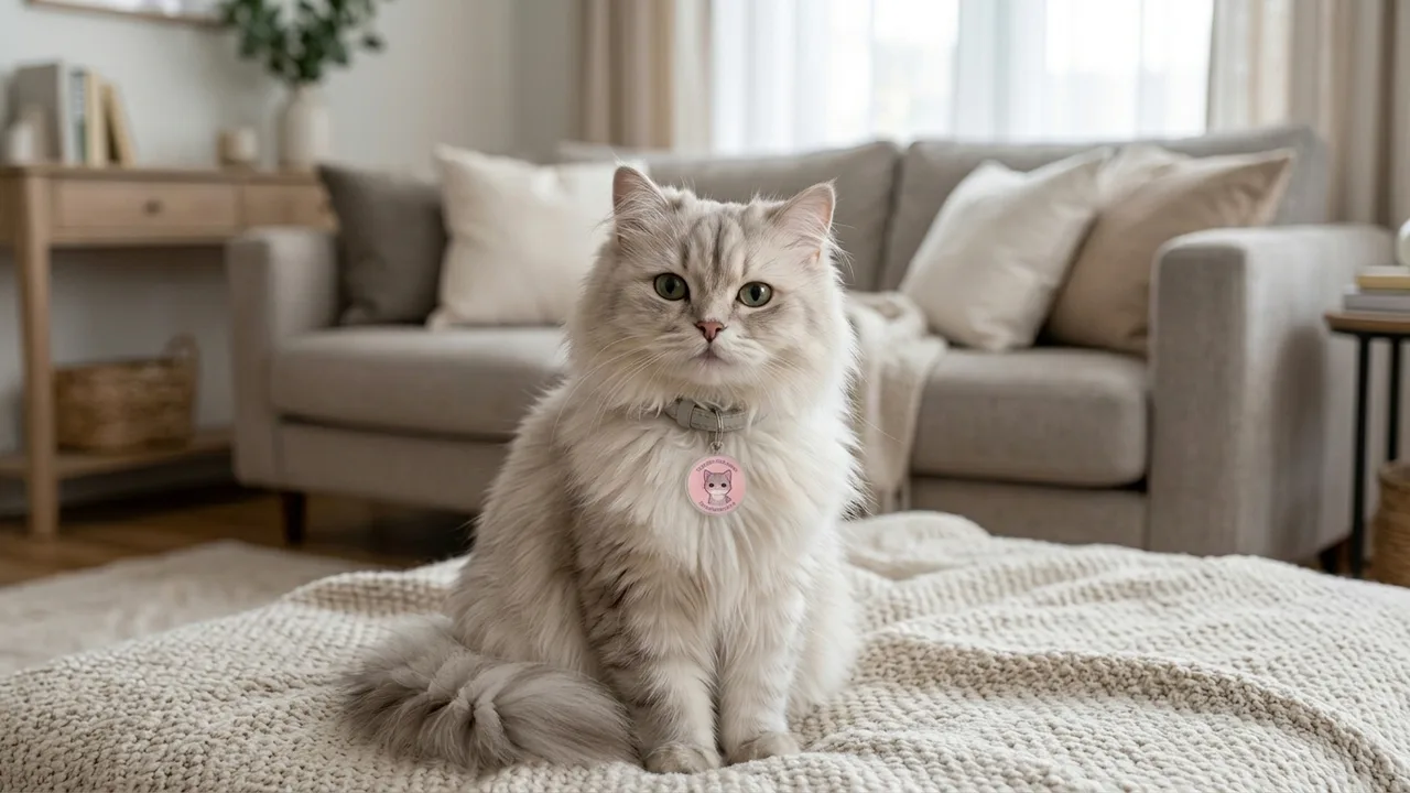 Chat portant une médaille connectée Tap2Smile à son collier