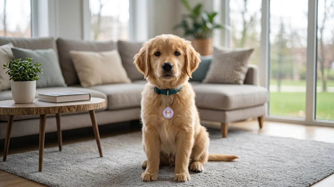 Chien portant une médaille connectée Tap2Smile à son collier